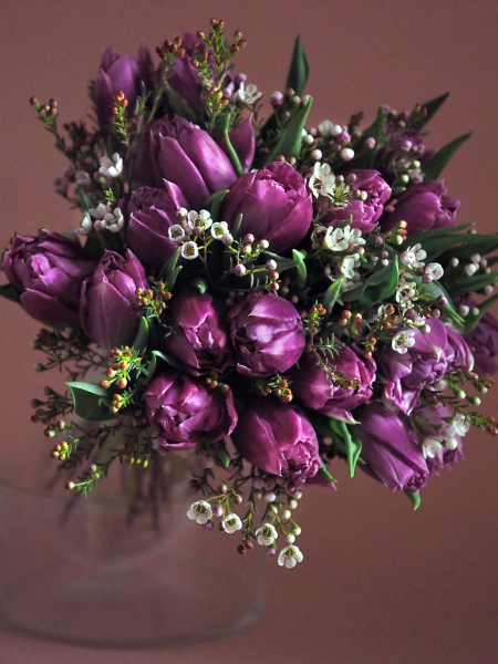Букет «Урсула» из пурпурных тюльпанов и хамелациума фото 4 — Городской букет