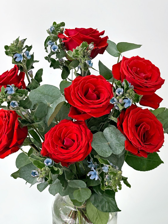 Букет «Алый поцелуй» с коралловыми розами незабудками — Городской букет